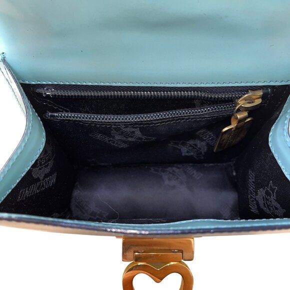 Moschino Women’s Light Blue Leather Gold Logo Hardware Structured Clutch Handbag - Picture 12 of 16
